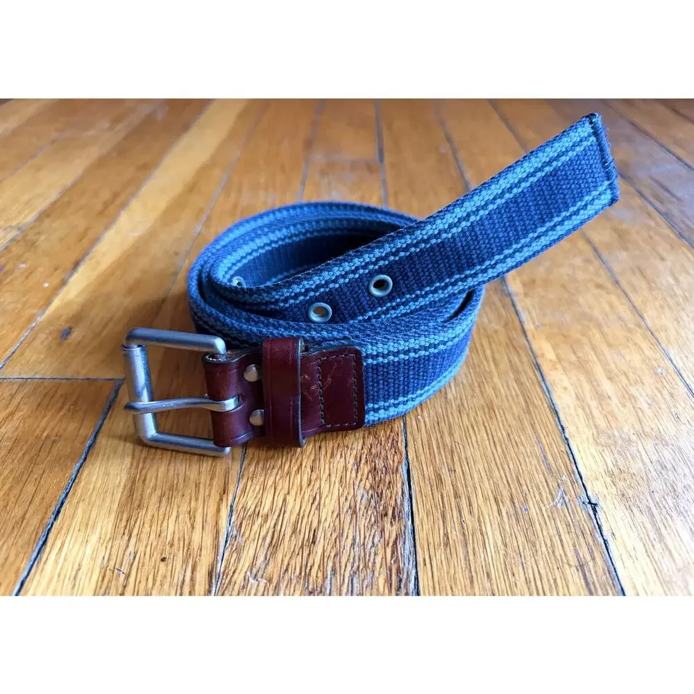 GAP Blue Striped Cotton Belt w/Leather Trim Mens sz 38